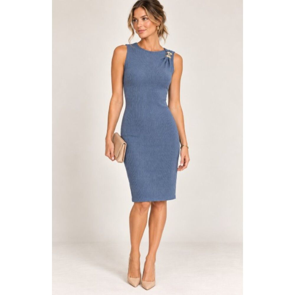 Halston Dress Womens Size 2 Sky Blue Ribbed Gold Hardware Sheath NWT $129 Work